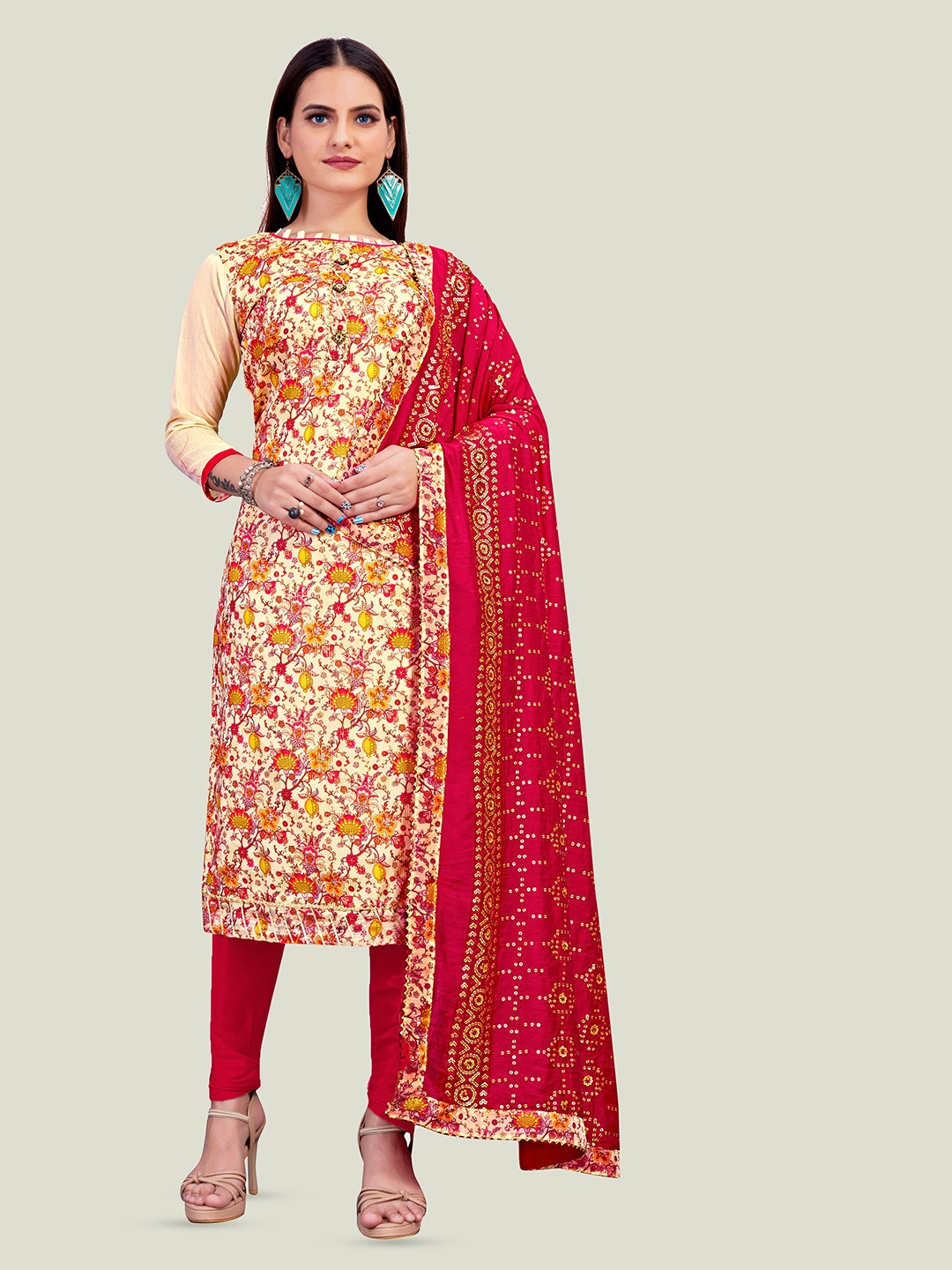 

MANVAA Ethnic Motifs Printed Unstitched Dress Material, Beige