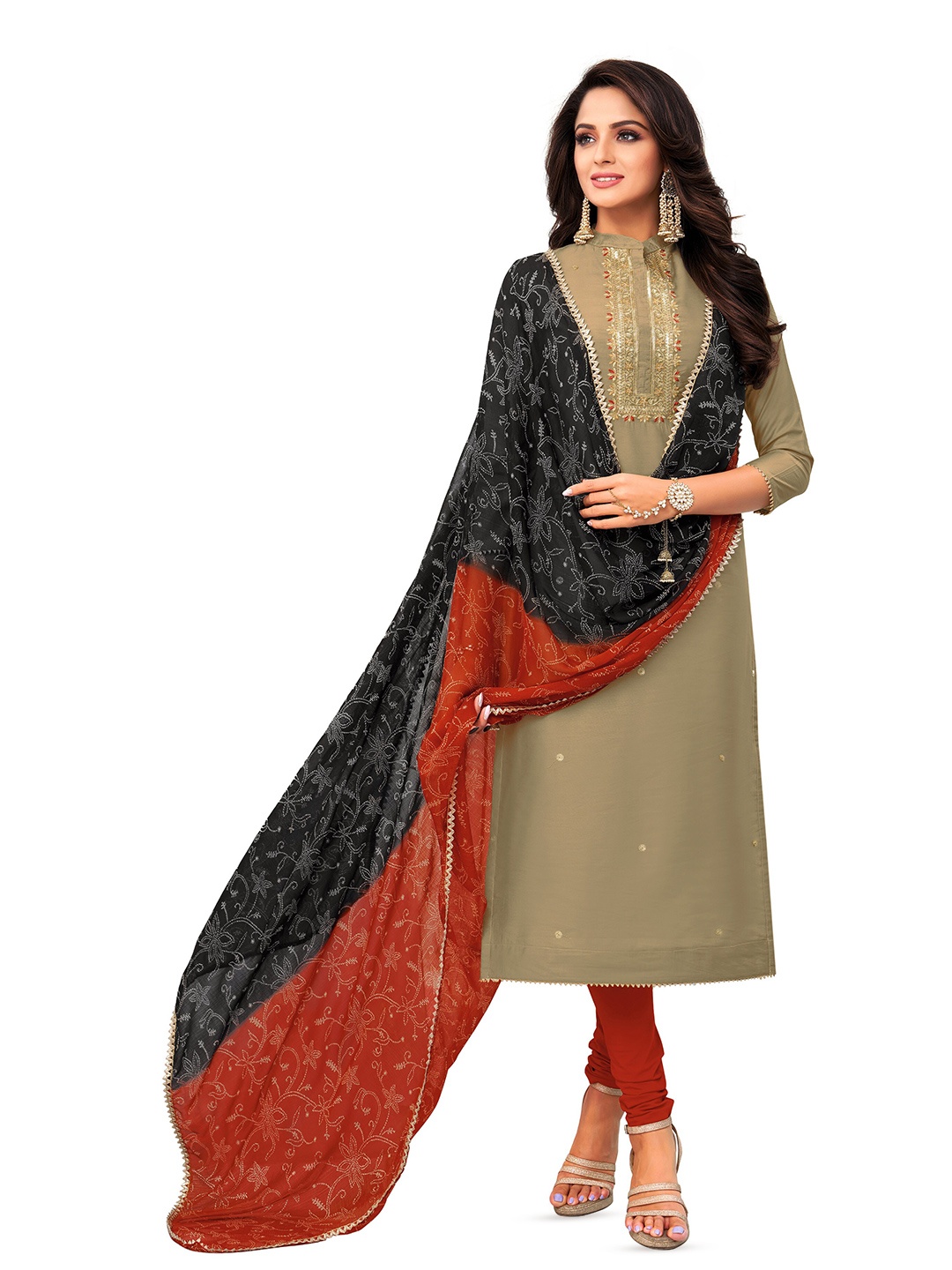 

MANVAA Ethnic Motifs Embroidered Thread Work Chanderi Cotton Unstitched Dress Material, Grey