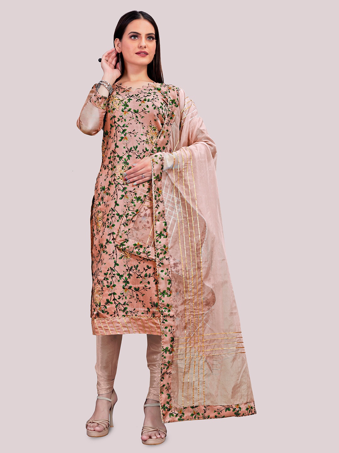 

MANVAA Floral Printed Gotta Patti Unstitched Dress Material, Peach