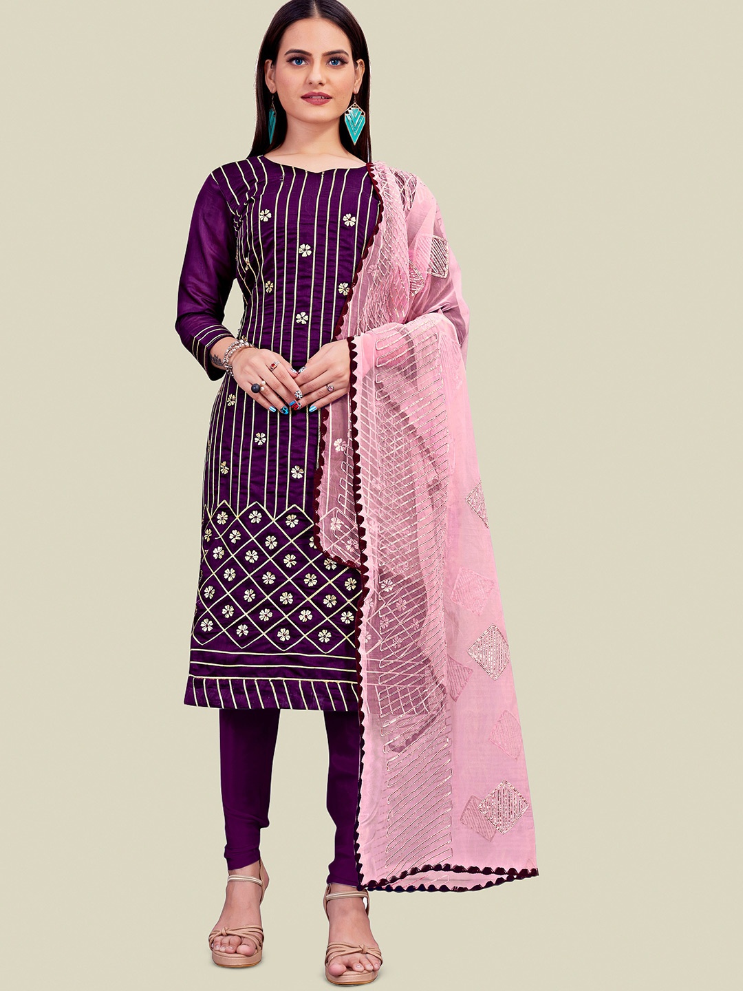 

MANVAA Ethnic Motifs Embellished Gotta Patti Chanderi Cotton Unstitched Dress Material, Purple