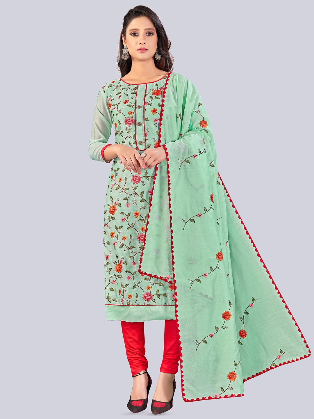 

MANVAA Floral Embroidered Gotta Patti Unstitched Dress Material, Sea green