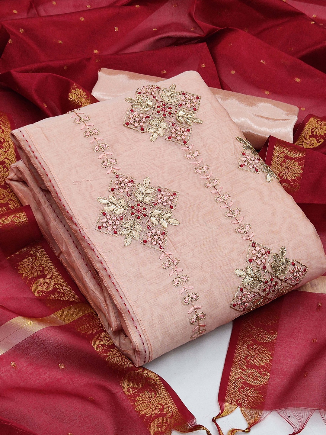 

MANVAA Floral Embroidered Gotta Patti Unstitched Dress Material, Peach
