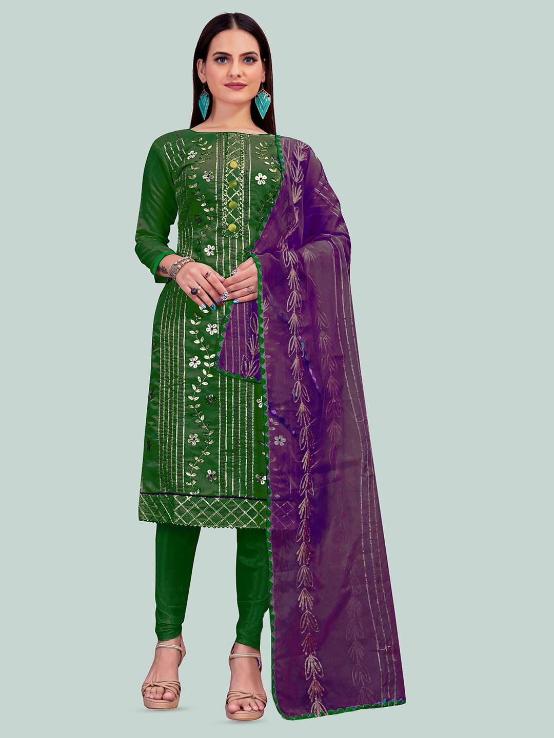

MANVAA Embellished Unstitched Dress Material, Green