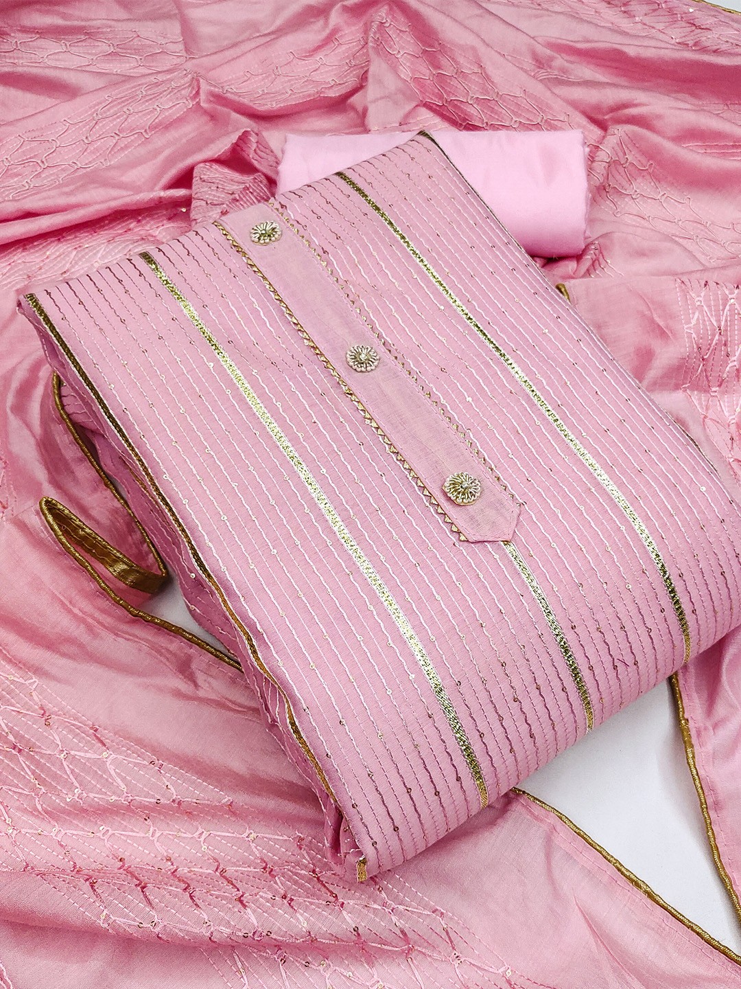 

MANVAA Striped Sequined Modal Chanderi Cotton Unstitched Dress Material, Pink