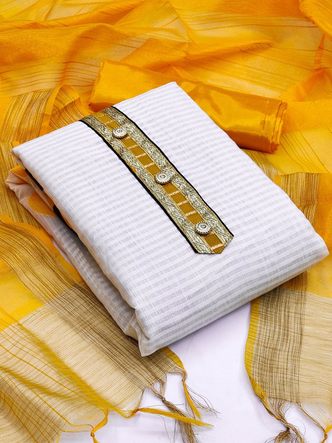 

MANVAA Striped Unstitched Dress Material, White