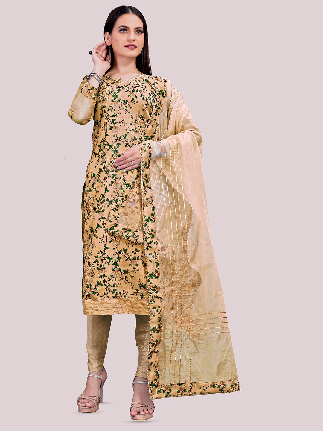 

MANVAA Floral Printed Unstitched Dress Material, Beige