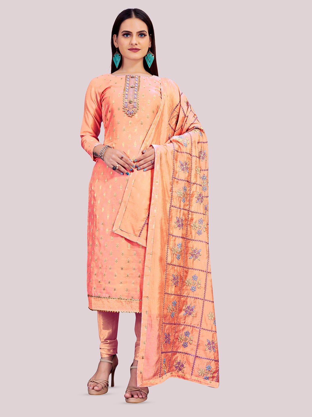 

MANVAA Banarasi Jacquard Unstitched Dress Material, Peach