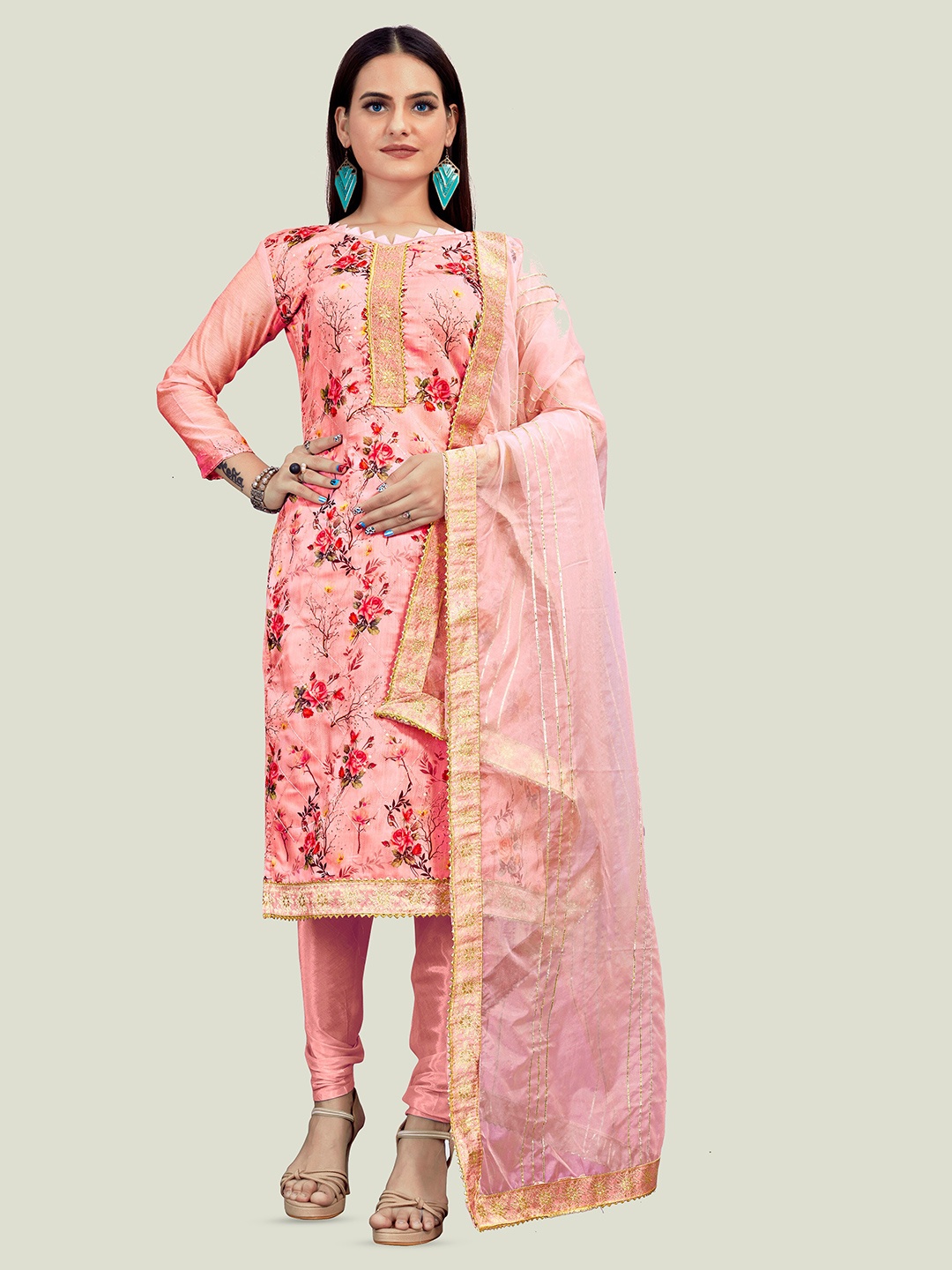 

MANVAA Floral Printed Sequinned Detailed Chanderi Cotton Unstitched Dress Material, Peach