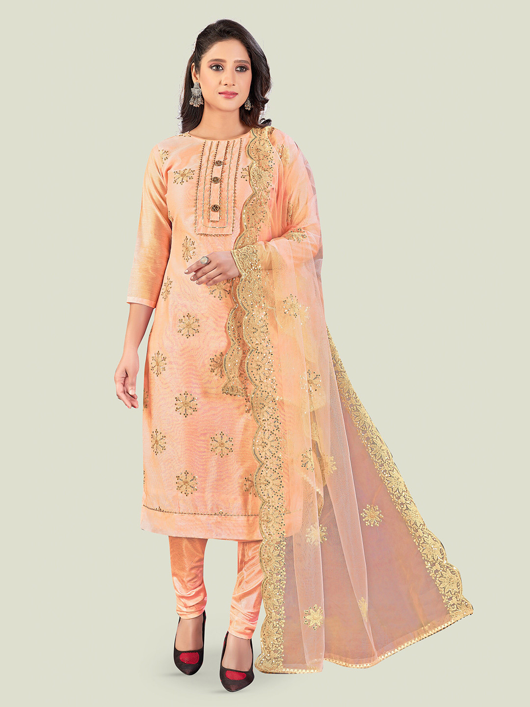 

MANVAA Ethnic Motifs Embroidered Unstitched Dress Material, Peach