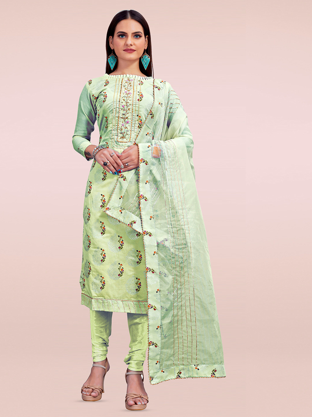 

MANVAA Ethnic Motifs Printed Gotta Patti Unstitched Dress Material, Green