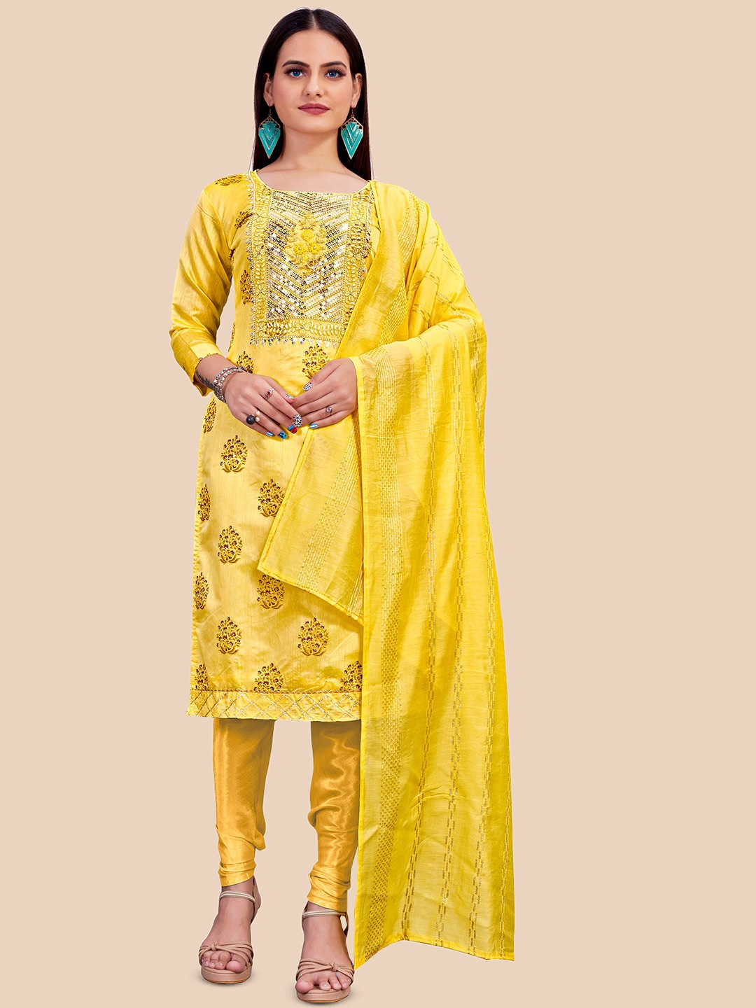 

MANVAA Embellished Chanderi Cotton Unstitched Dress Material, Yellow