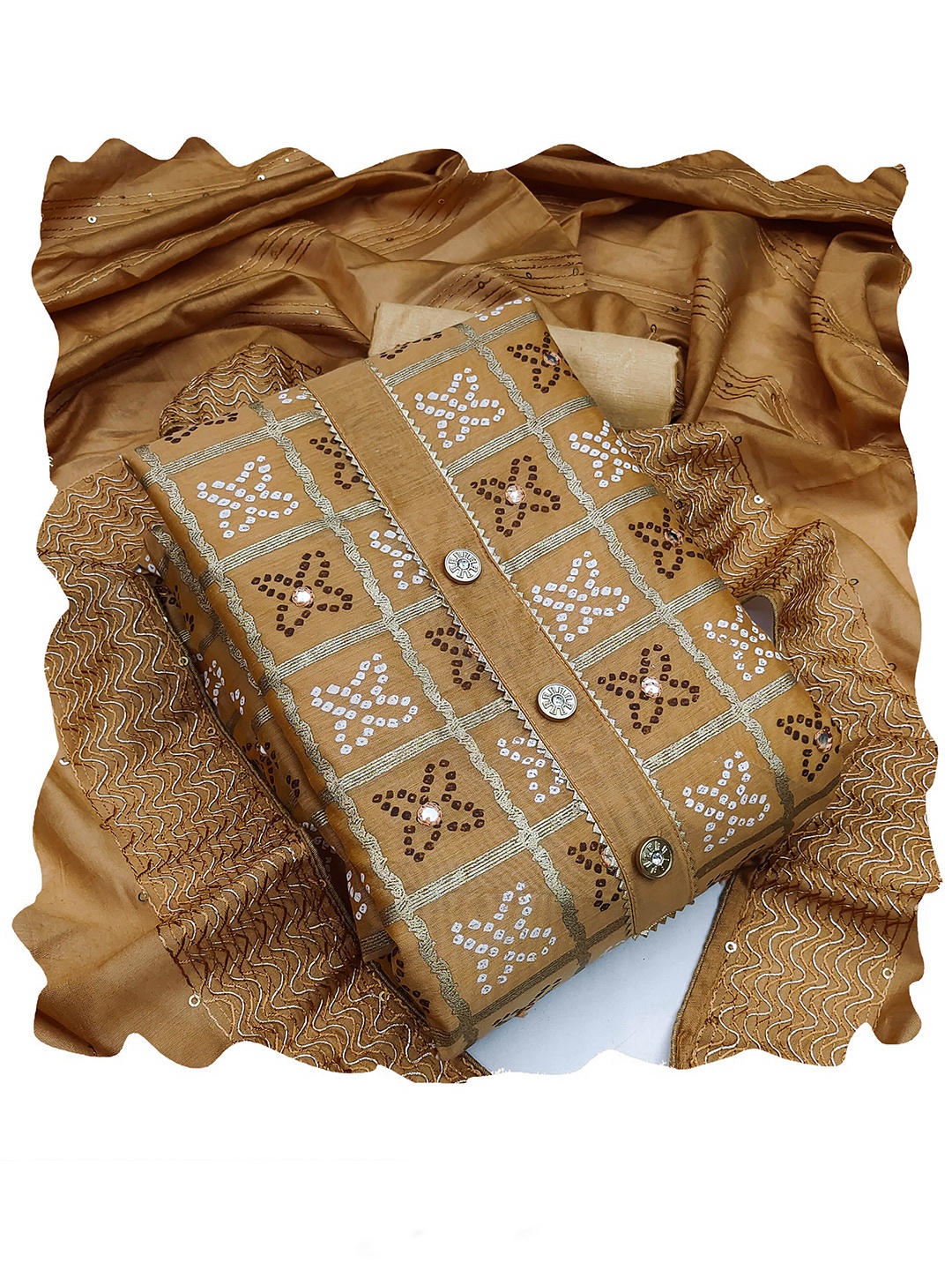 

MANVAA Bandhani Printed Unstitched Dress Material, Beige