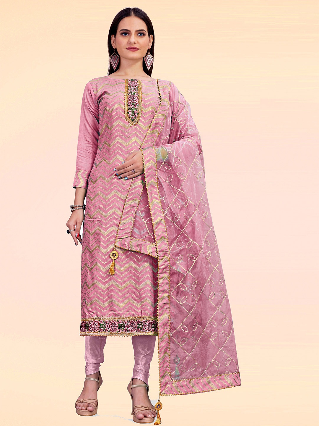 

MANVAA Ethnic Motifs Printed Unstitched Dress Material, Pink