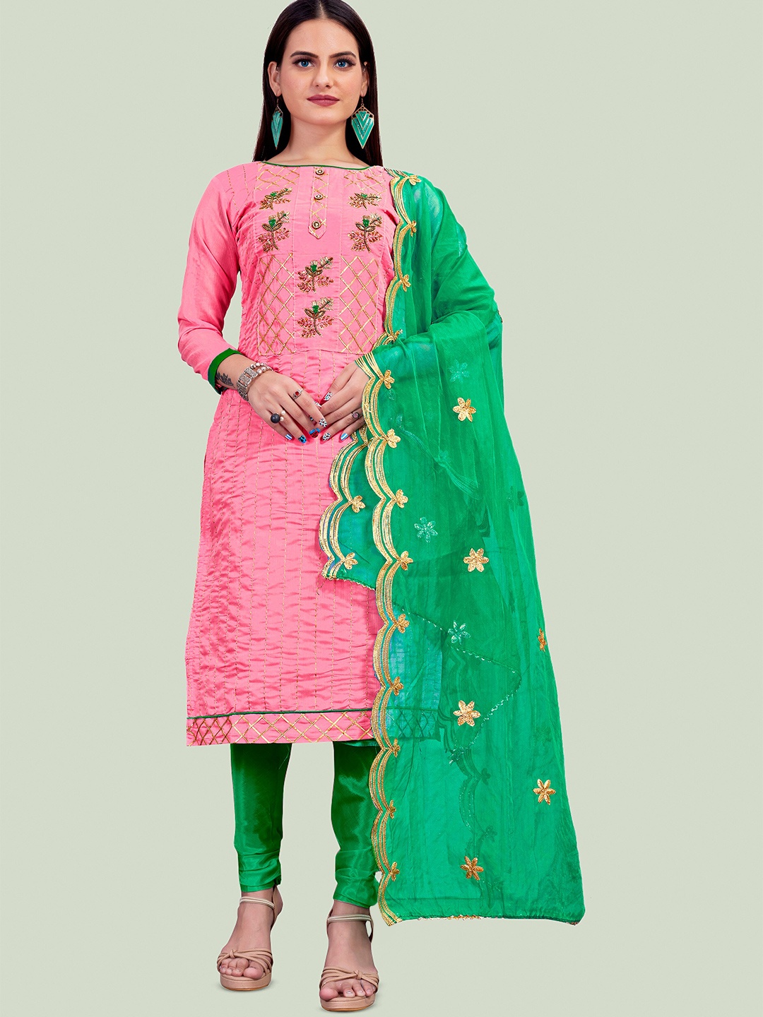 

MANVAA Embroidered Gotta Patti Unstitched Dress Material, Pink