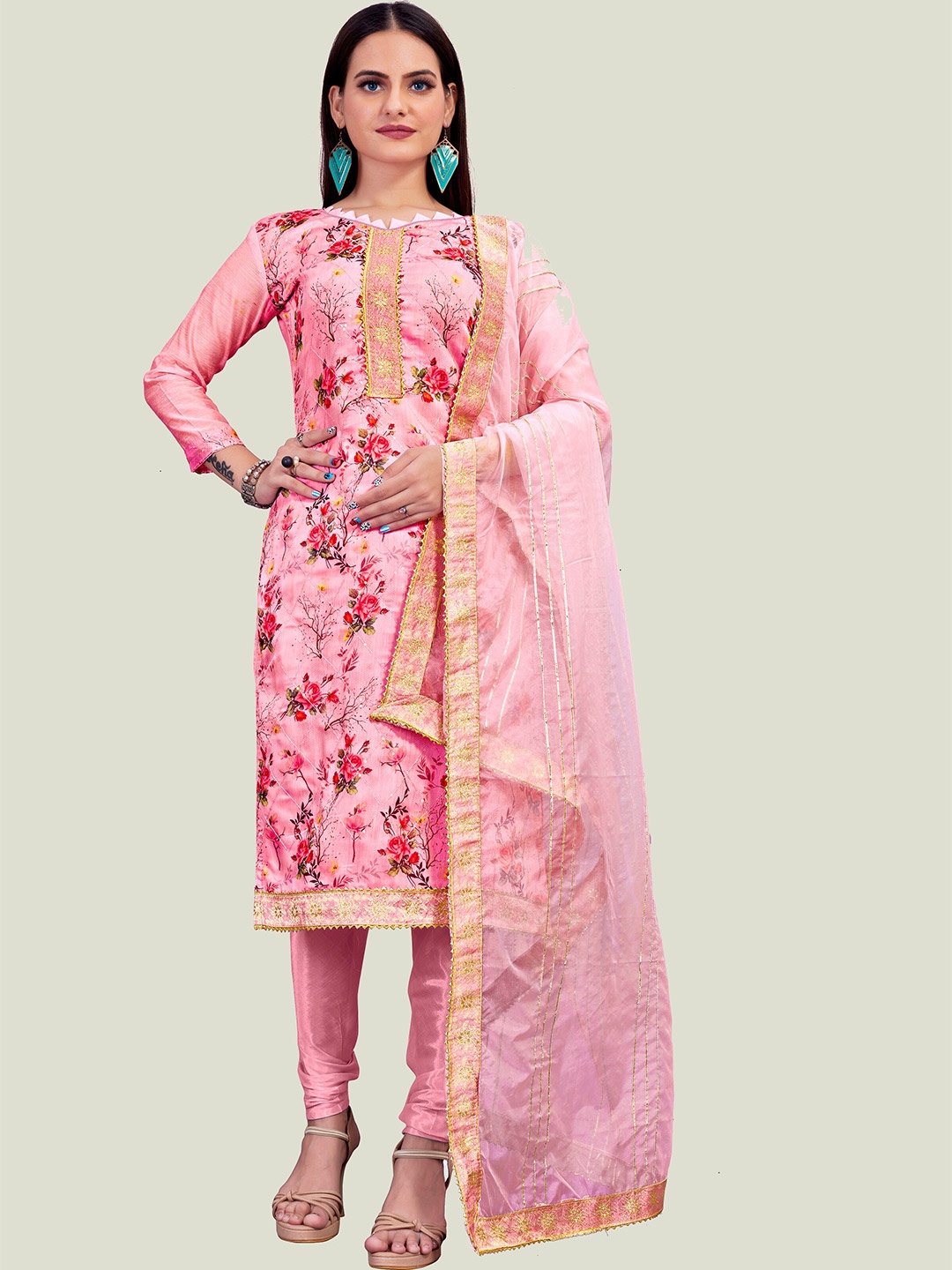 

MANVAA Floral Printed Gotta Patti Unstitched Dress Material, Pink