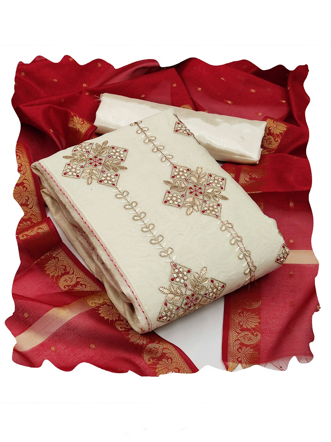 

MANVAA Embroidered Gotta Patti Sequined Unstitched Dress Material, Beige
