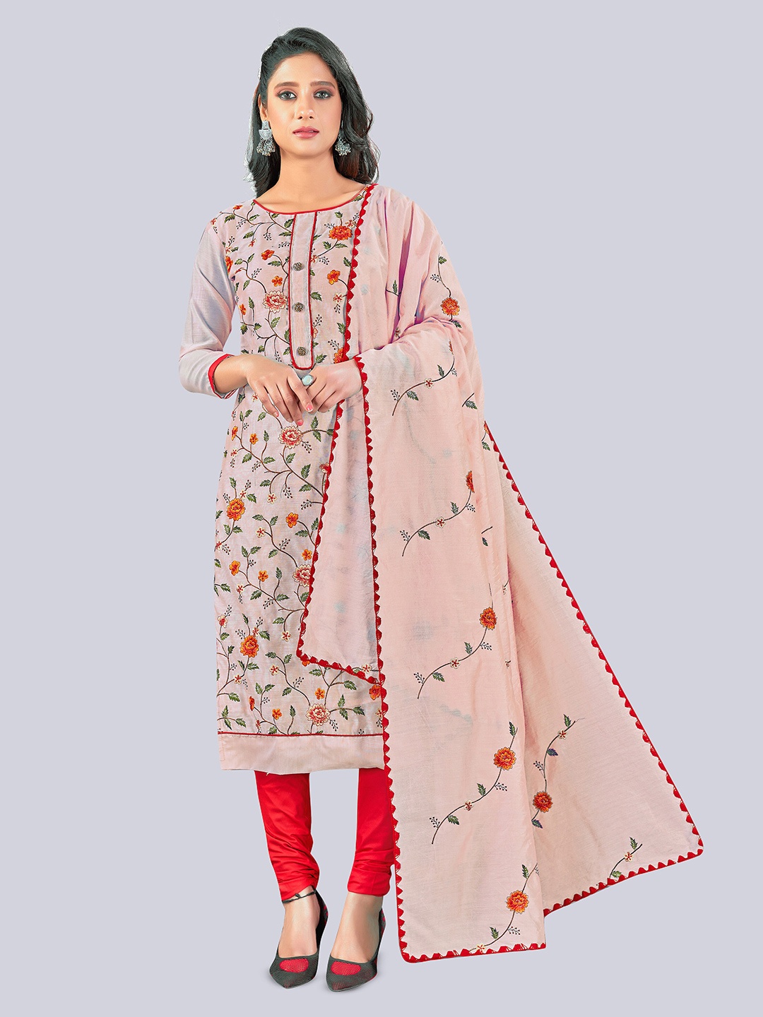 

MANVAA Floral Embroidered Unstitched Dress Material, Peach