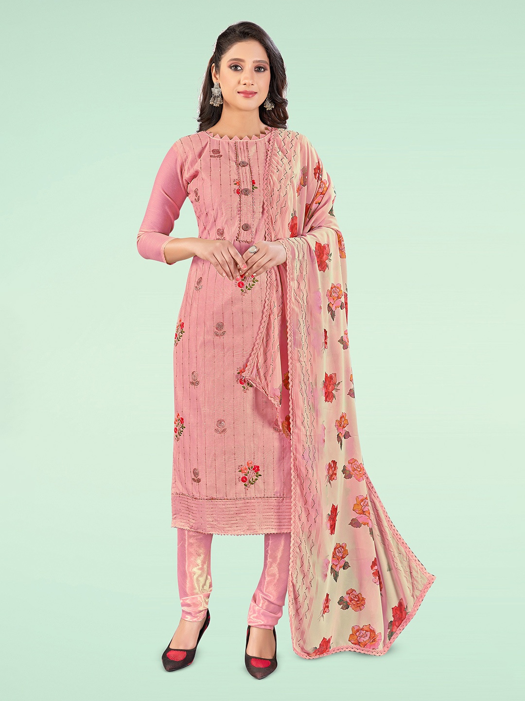 

MANVAA Floral Embroidered Unstitched Dress Material, Pink