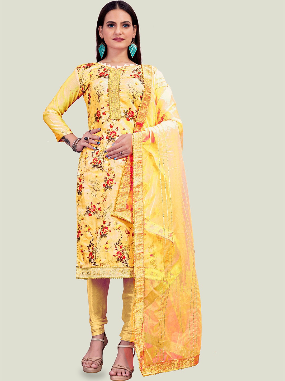 

MANVAA Floral Printed Unstitched Chanderi Dress Material, Yellow