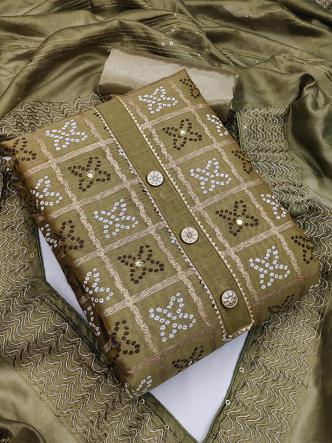 

MANVAA Bandhani Printed Mirror Work Unstitched Dress Material, Olive