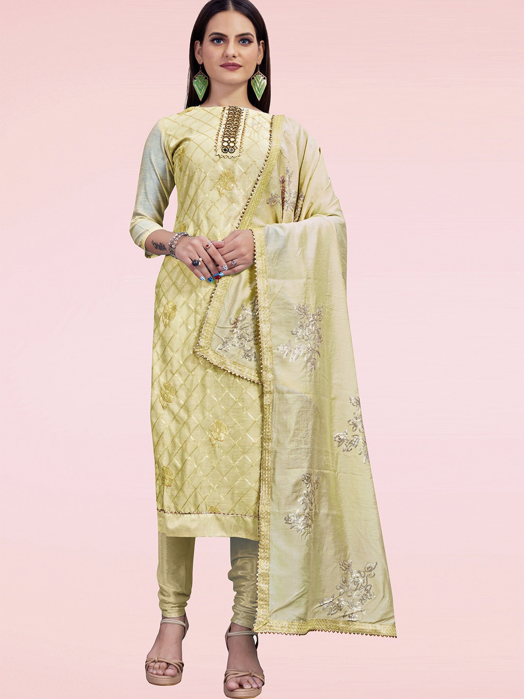 

MANVAA Embellished Unstitched Dress Material, Beige