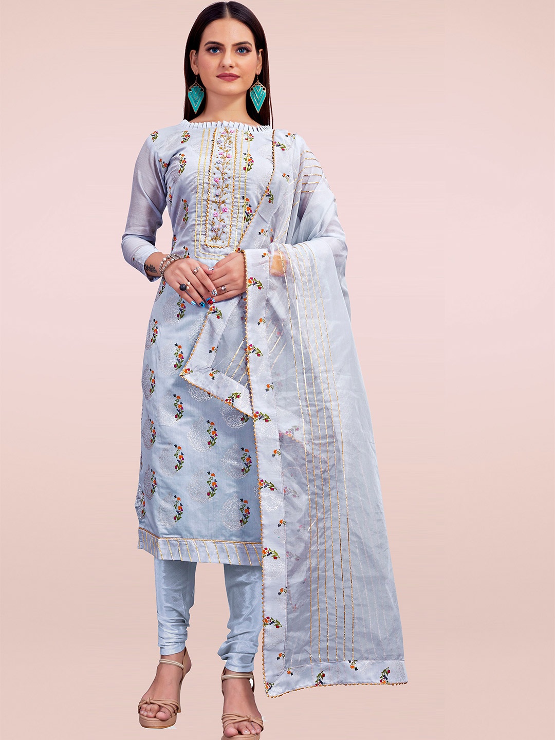 

MANVAA Floral Printed Beads and Stones Unstitched Dress Material, Grey