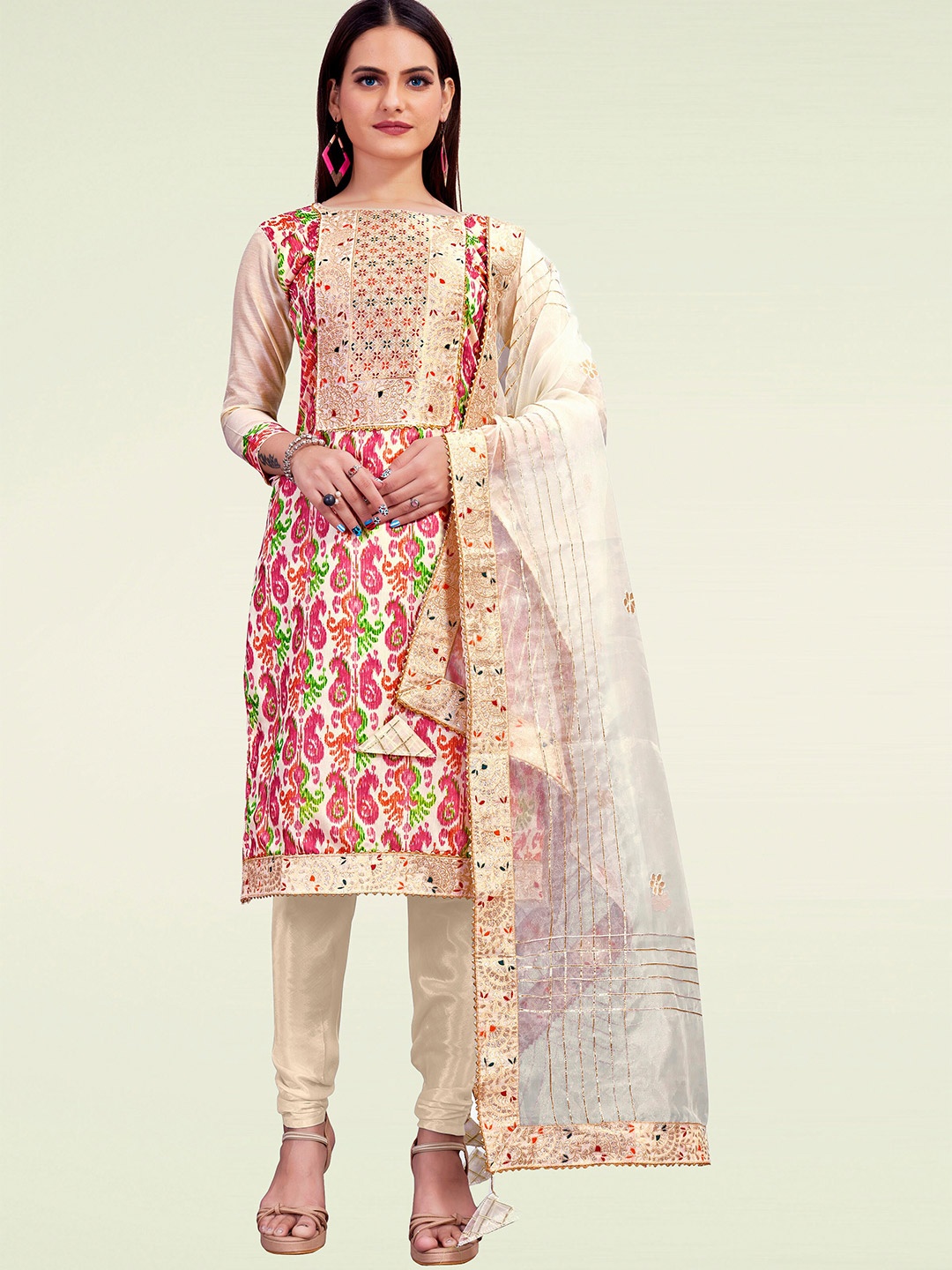 

MANVAA Paisley Printed Zari Unstitched Dress Material, Beige