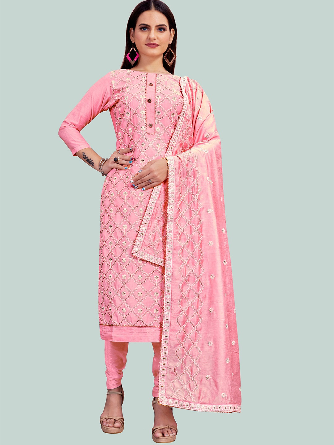 

MANVAA Ethnic Motifs Embroidered Unstitched Dress Material, Pink