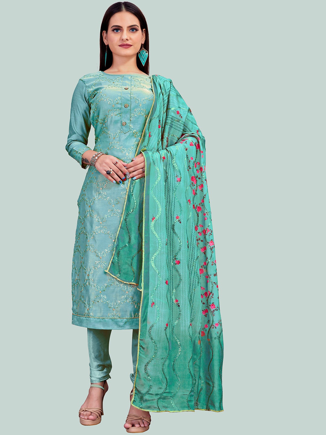 

MANVAA Floral Embroidered Sequinned Unstitched Dress Material, Sea green