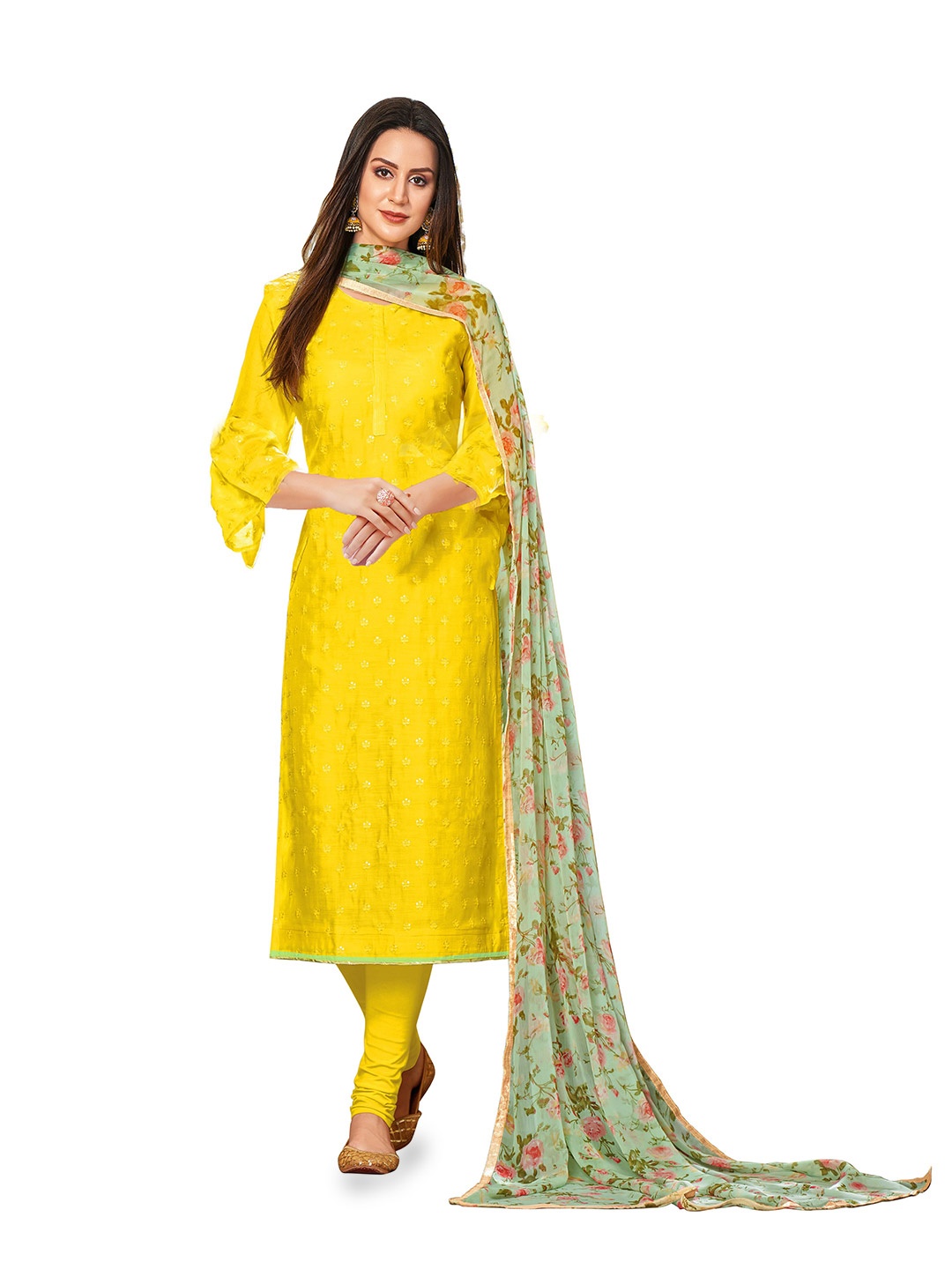 

MANVAA Ethnic Motifs Embroidered Sequinned Chanderi Cotton Unstitched Dress Material, Yellow