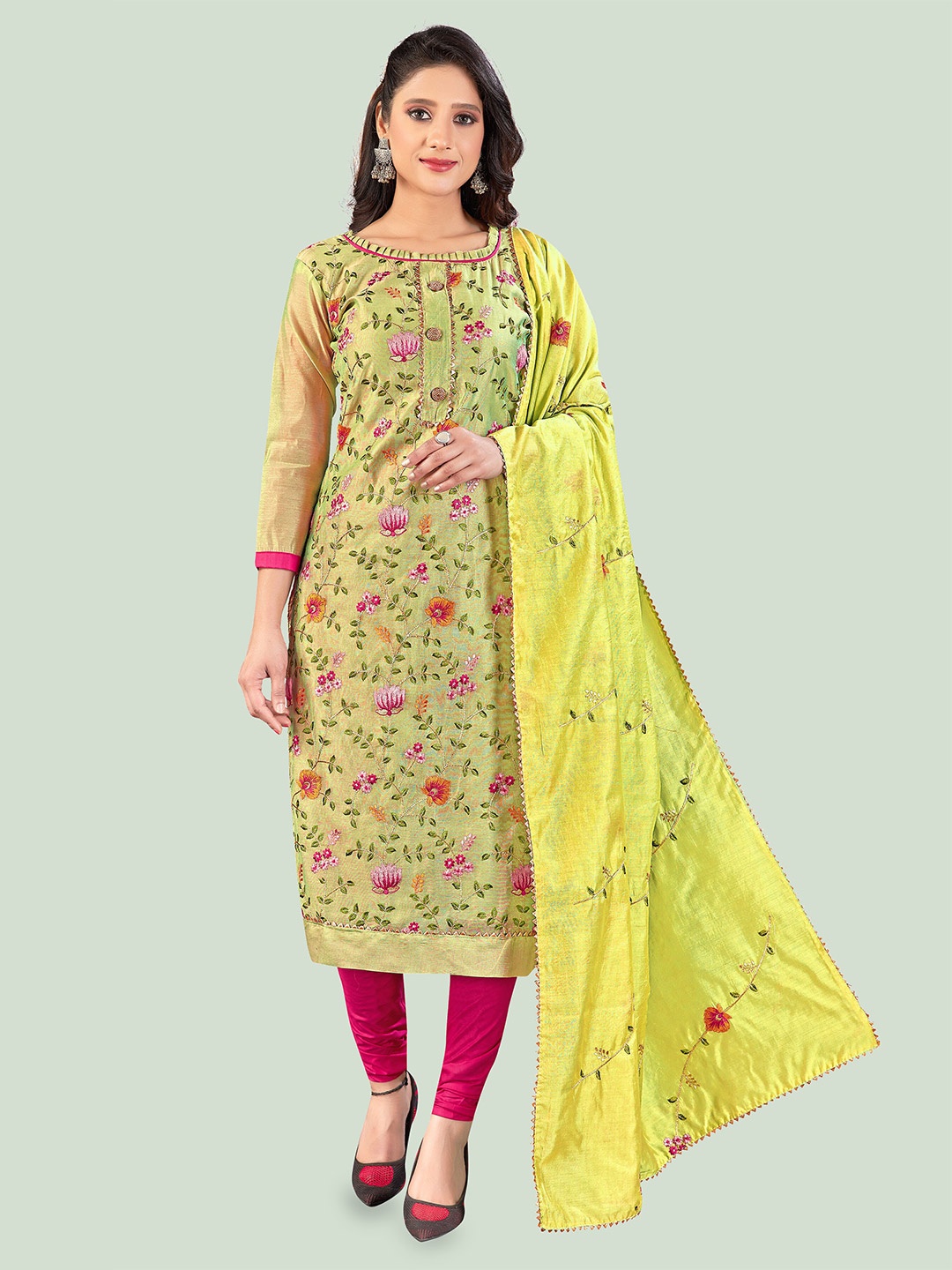 

MANVAA Floral Embroidered Unstitched Chanderi Dress Material, Green