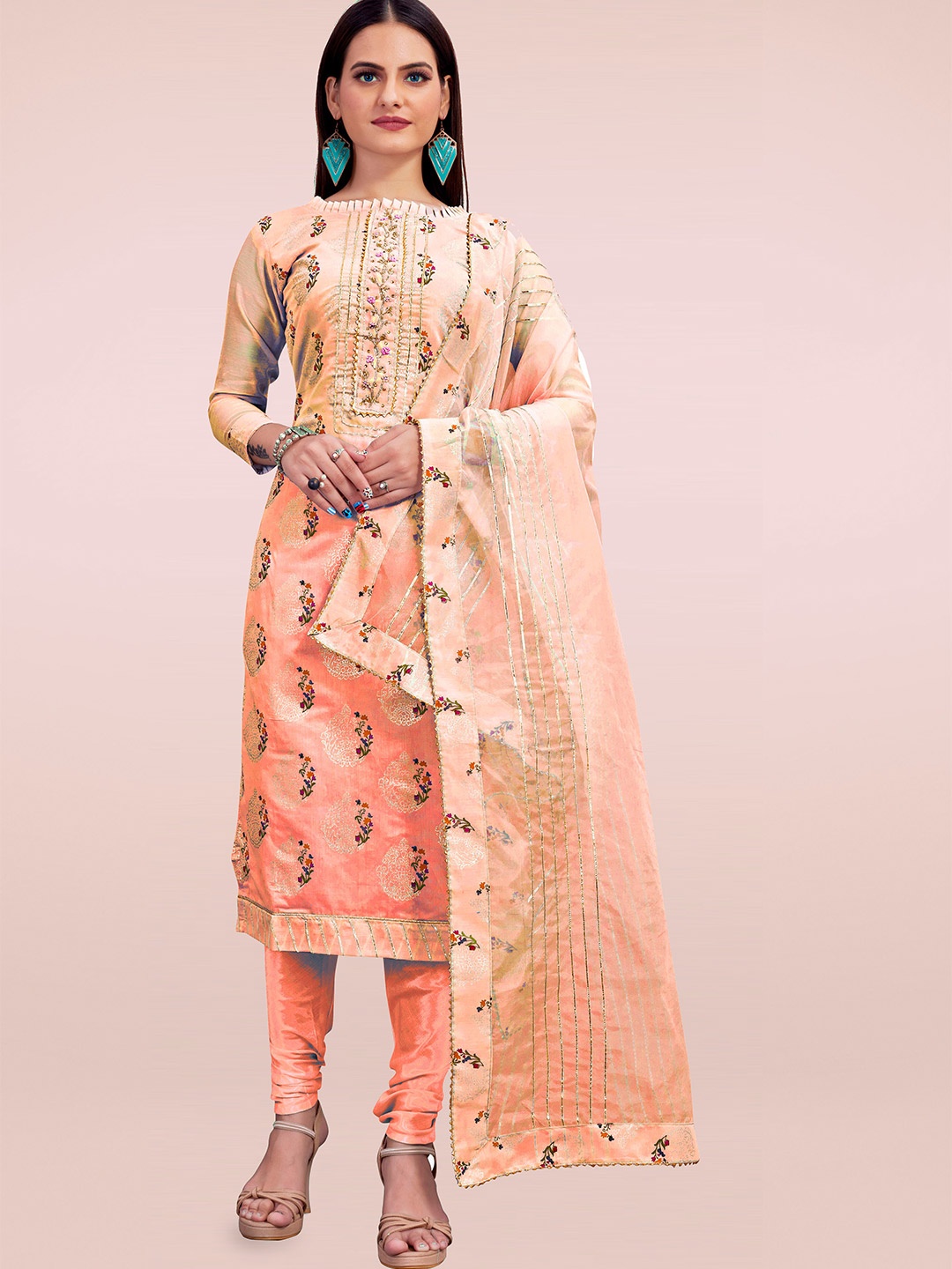 

MANVAA Floral Printed Beads and Stones Unstitched Dress Material, Peach