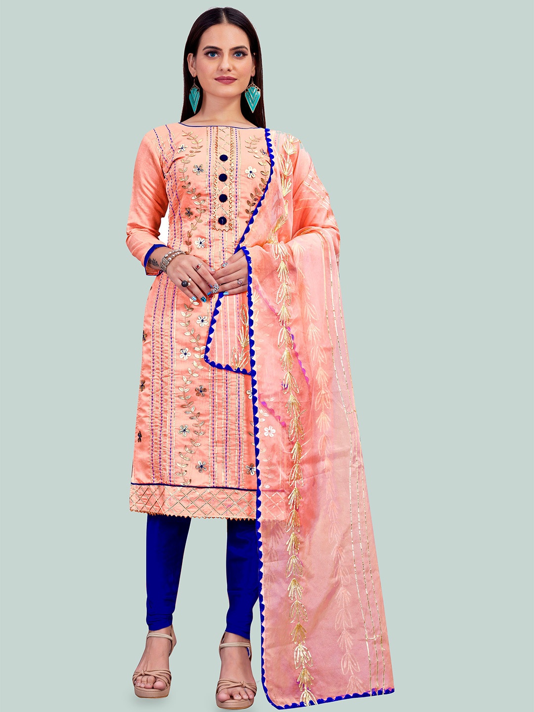 

MANVAA Ethnic Motifs Embroidered Unstitched Dress Material, Peach