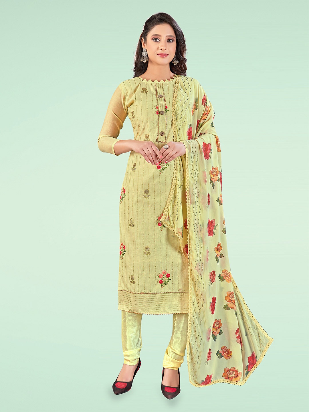 

MANVAA Floral Printed Sequinned Unstitched Dress Material, Yellow