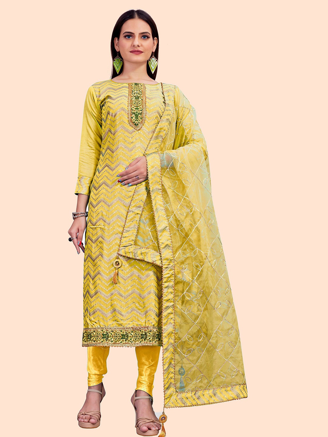 

MANVAA Chevron Woven Design Sequinned Unstitched Dress Material, Yellow