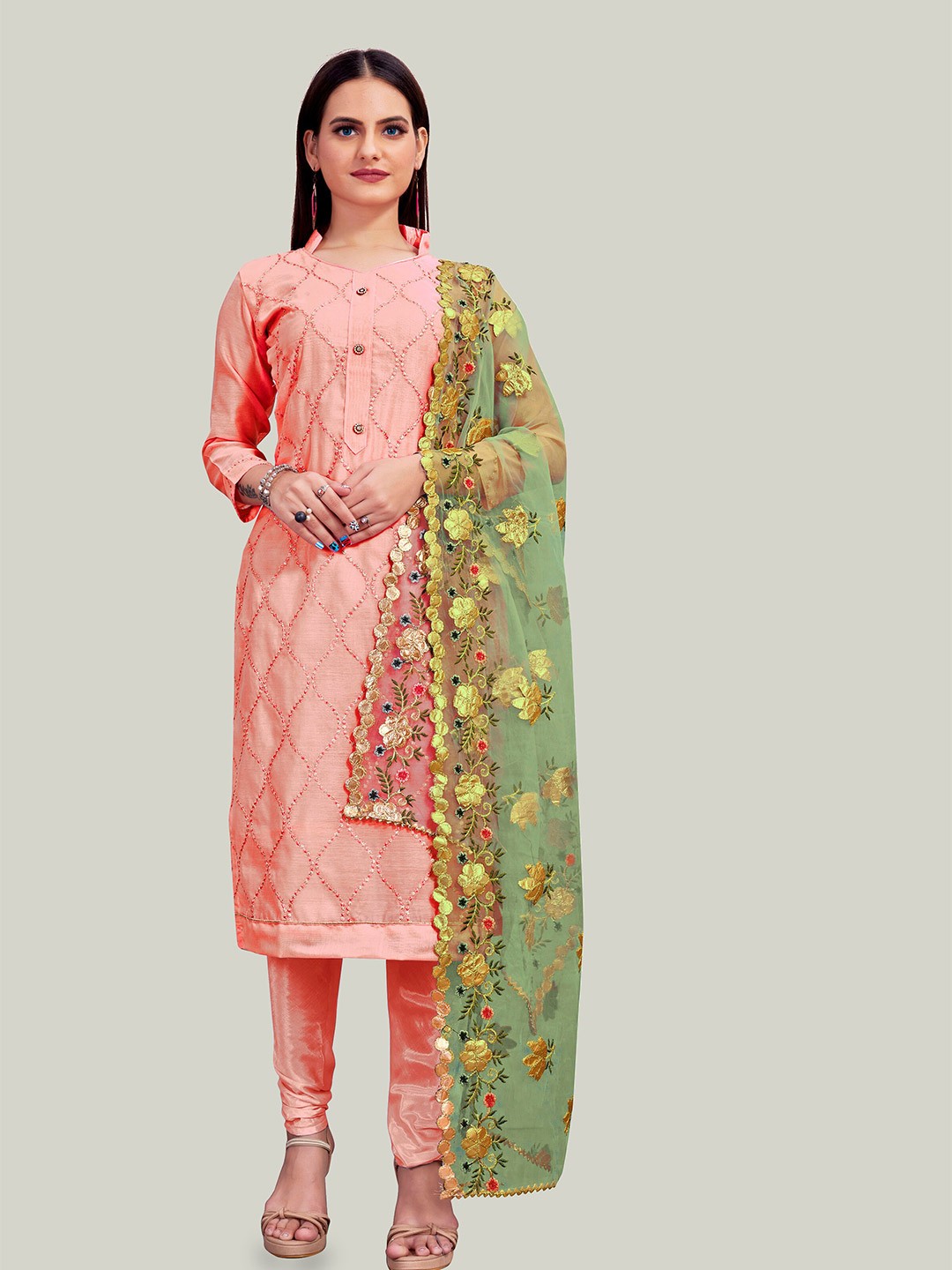 

MANVAA Ethnic Motifs Embroidered Unstitched Dress Material, Peach