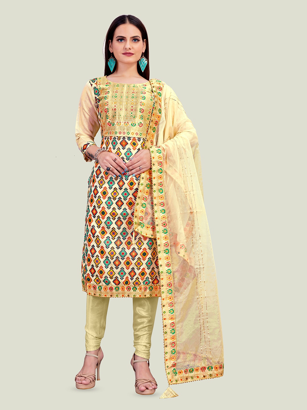 

MANVAA Ethnic Motifs Printed Zari Unstitched Dress Material, Cream