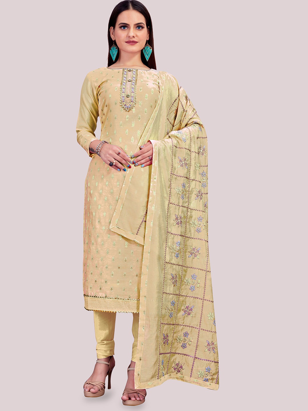 

MANVAA Woven Design Unstitched Banarasi Jacquard Dress Material, Beige