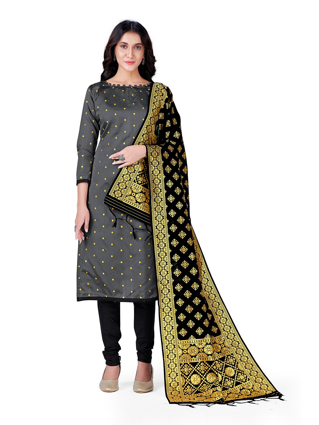 

MANVAA Ethnic Motifs Embroidered Thread Work Banarasi Silk Unstitched Dress Material, Grey