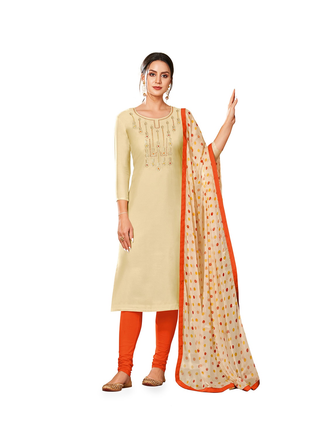 

MANVAA Embroidered Unstitched Modal Chanderi Cotton Dress Material, Beige