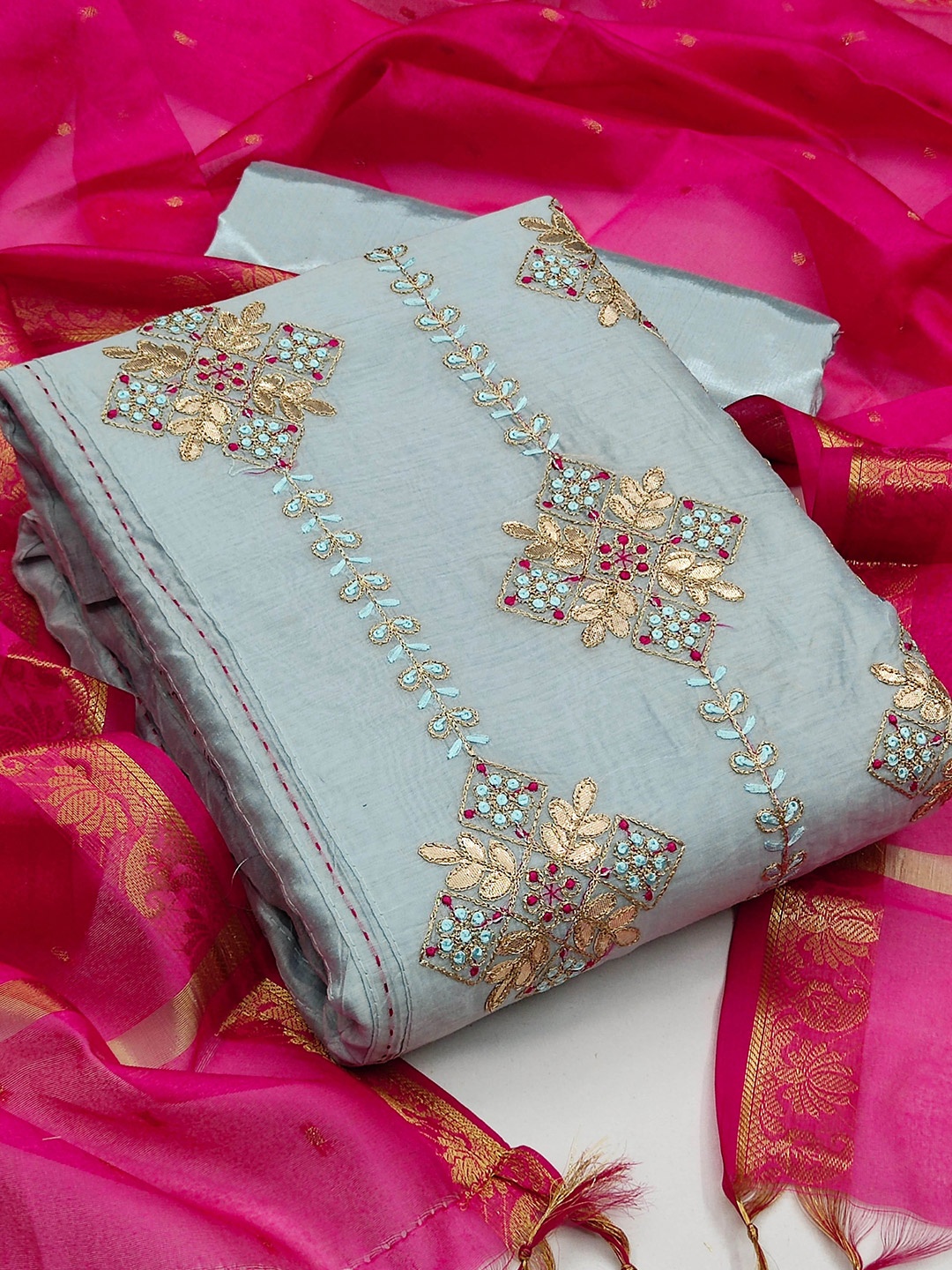

MANVAA Floral Embroidered Unstitched Modal Chanderi Dress Material, Grey