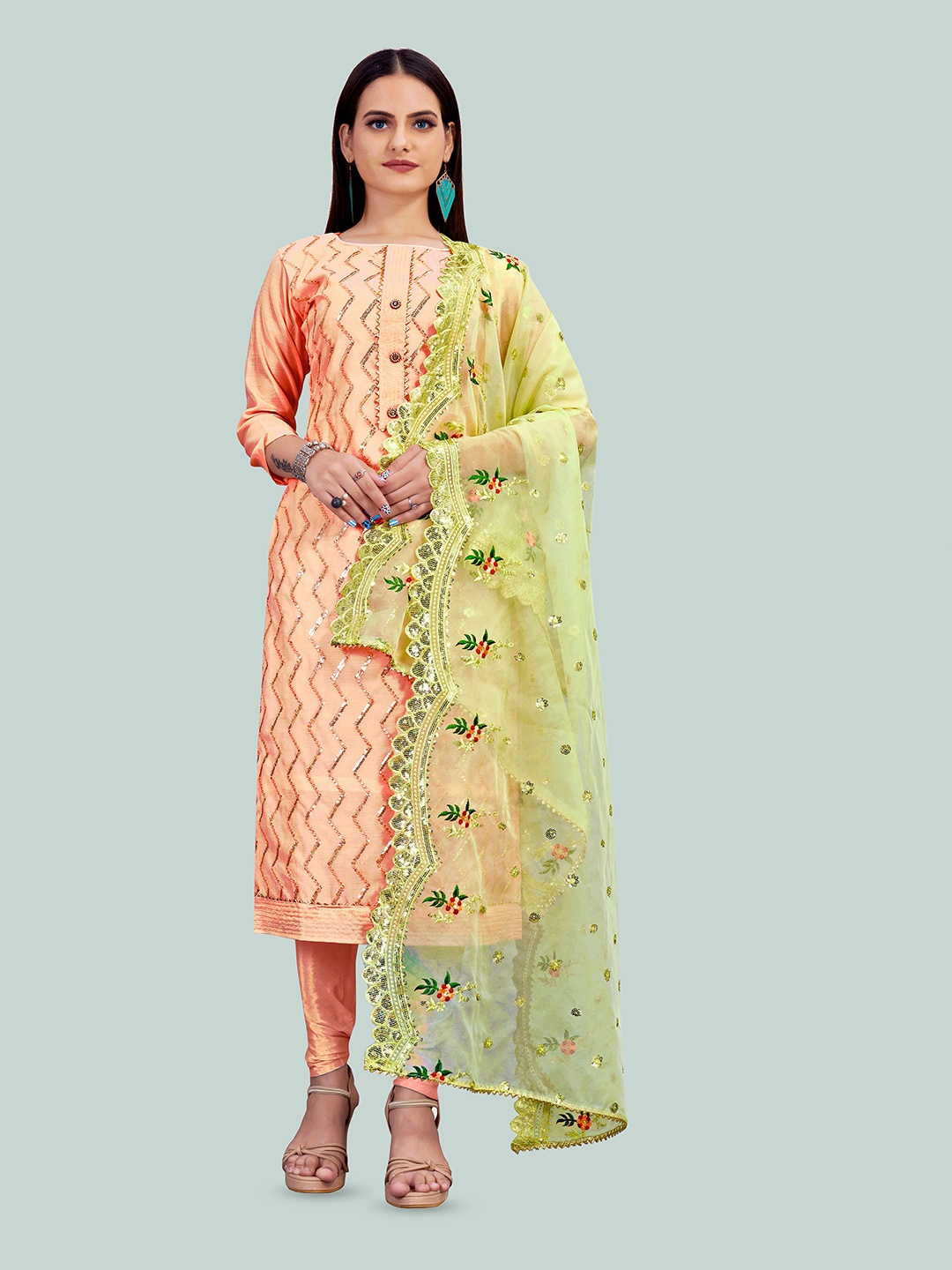 

MANVAA Sequin Embellished Unstitched Dress Material, Peach