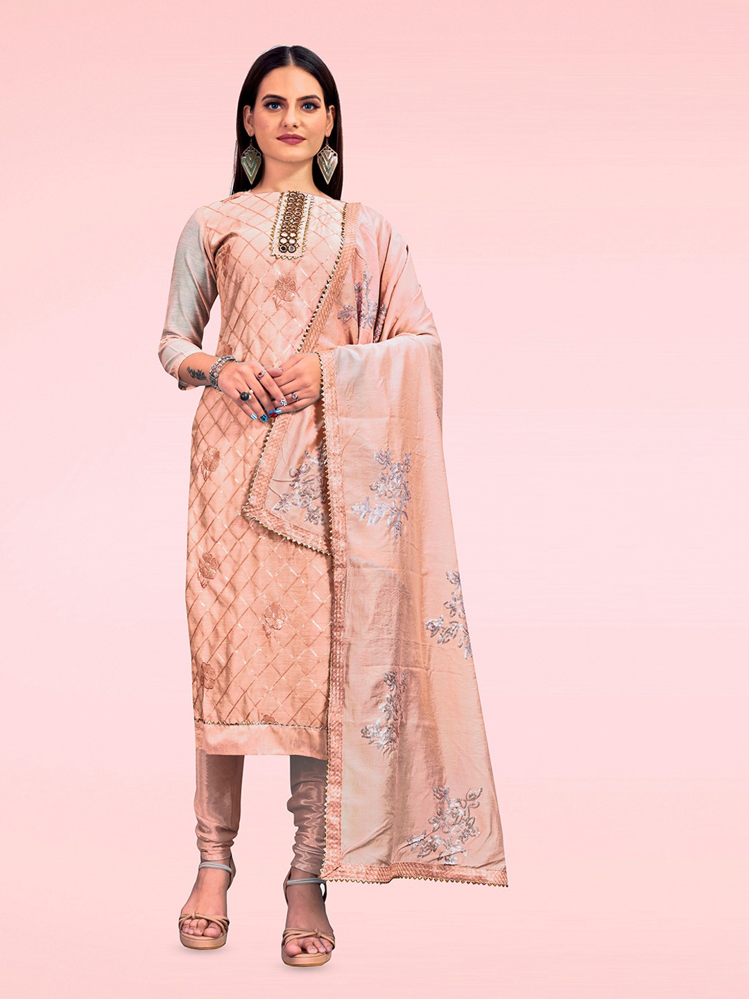 

MANVAA Embellished Unstitched Dress Material, Peach