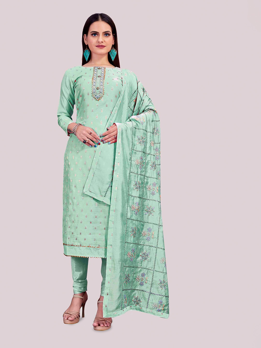 

MANVAA Sea Green Embellished Unstitched Dress Material