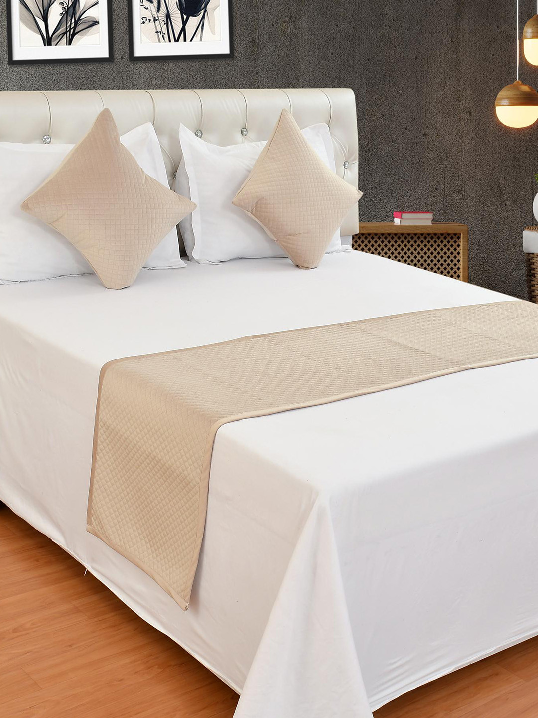 

Florida 3 Pcs Beige Quilted Velvet Bed Runner With 2 Cushion Covers Set