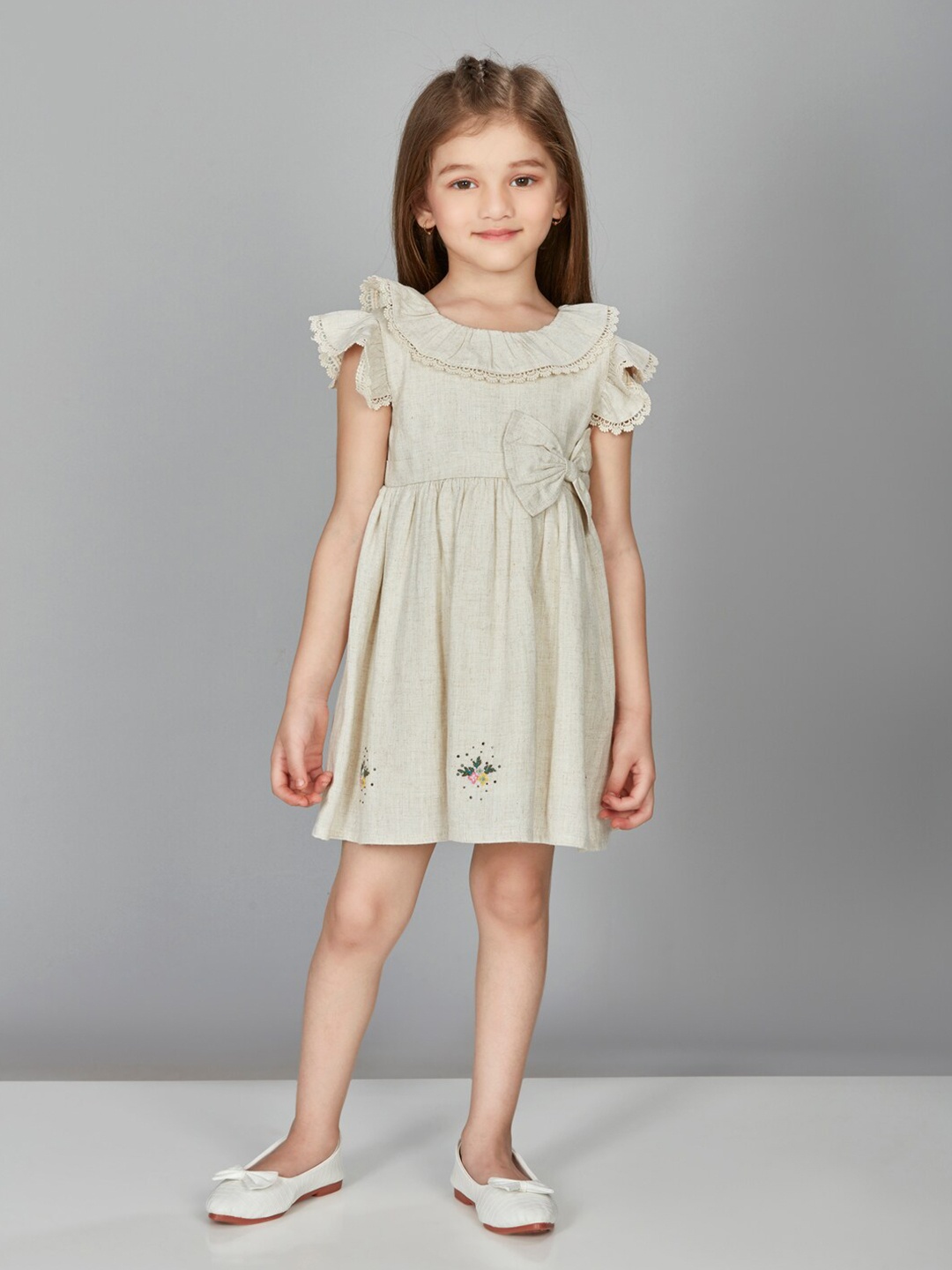 

Peppermint Girls Tie Up Flutter Sleeves A-Line Dress, Beige