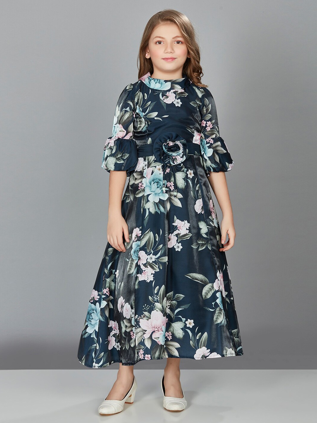 

Peppermint Girls Floral Printed Bell Sleeves Satin Gown Dress With Belt, Navy blue