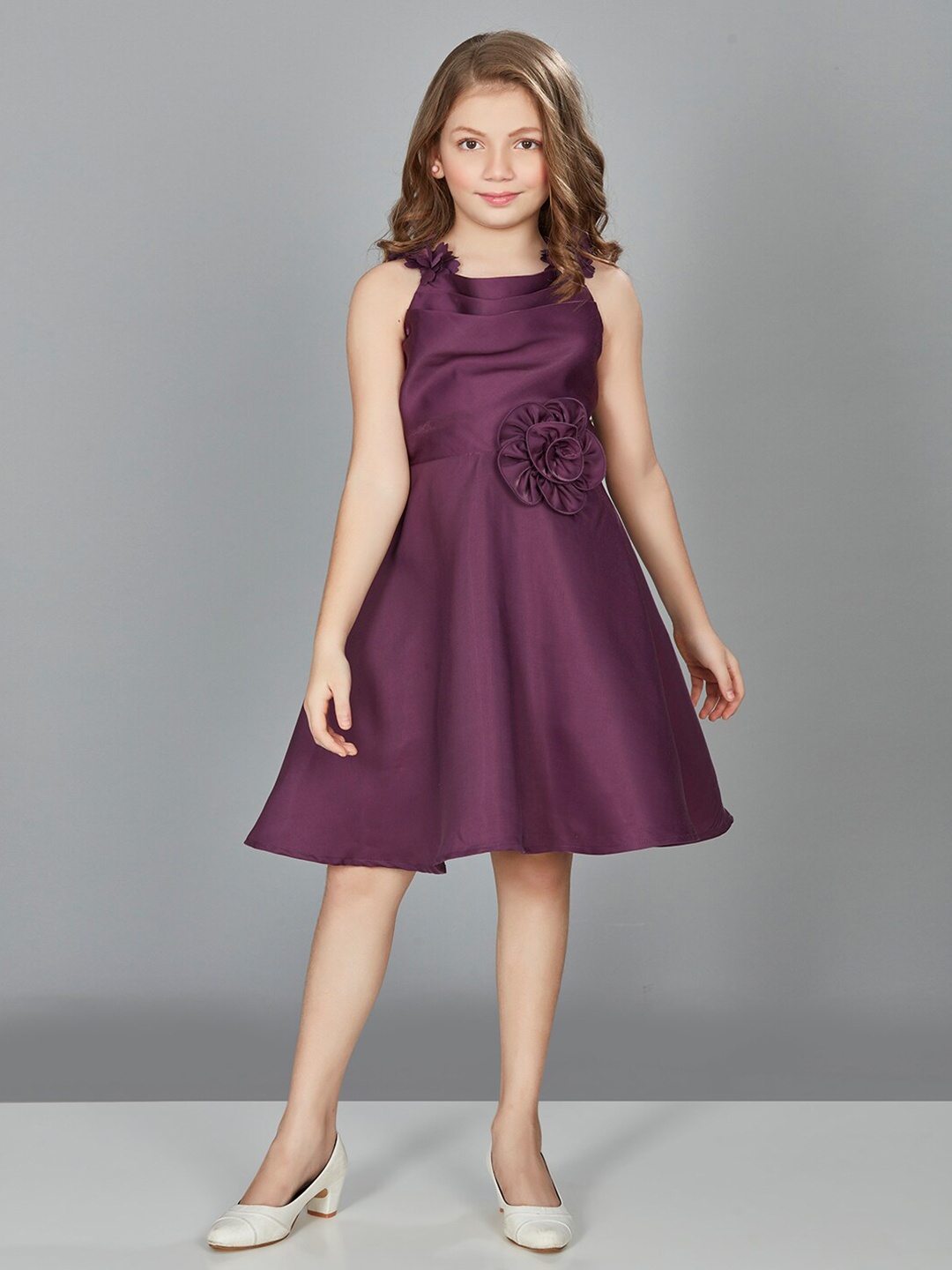 

Peppermint Square Neck Sleeveless Floral Bow Satin A-Line Knee Length Dress, Purple