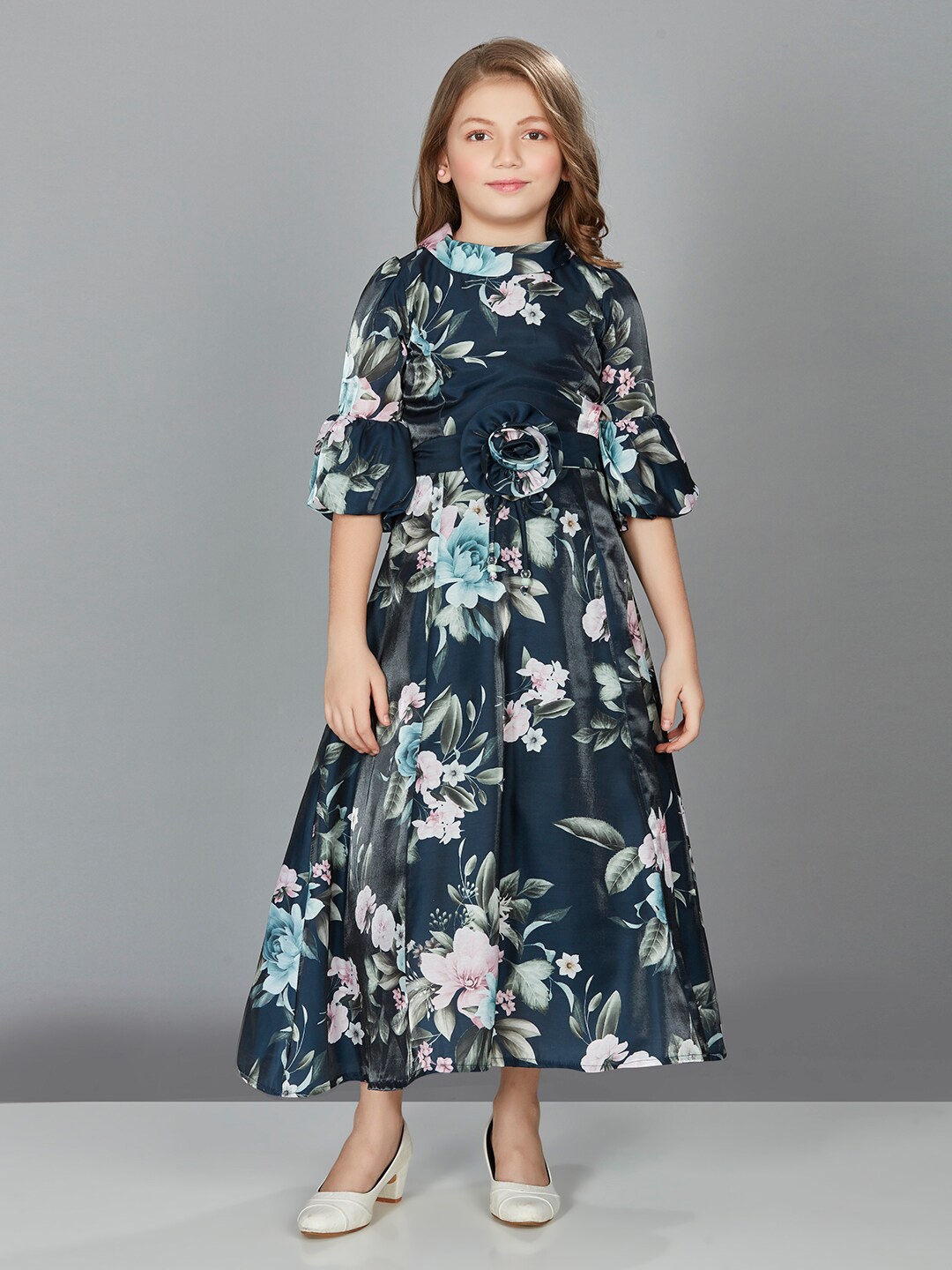 

Peppermint Girls Floral Print Puff Sleeve Satin Maxi Dress With Belt, Navy blue