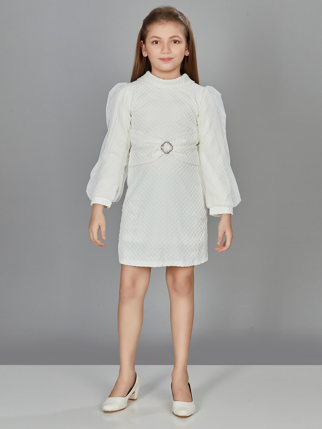 

Peppermint Girls Self Design Puff Sleeves A-Line Dress, White